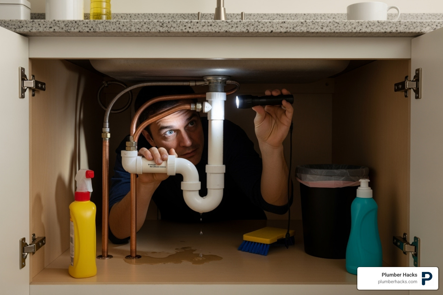 homeowner inspecting under kitchen sink - water leak troubleshooting