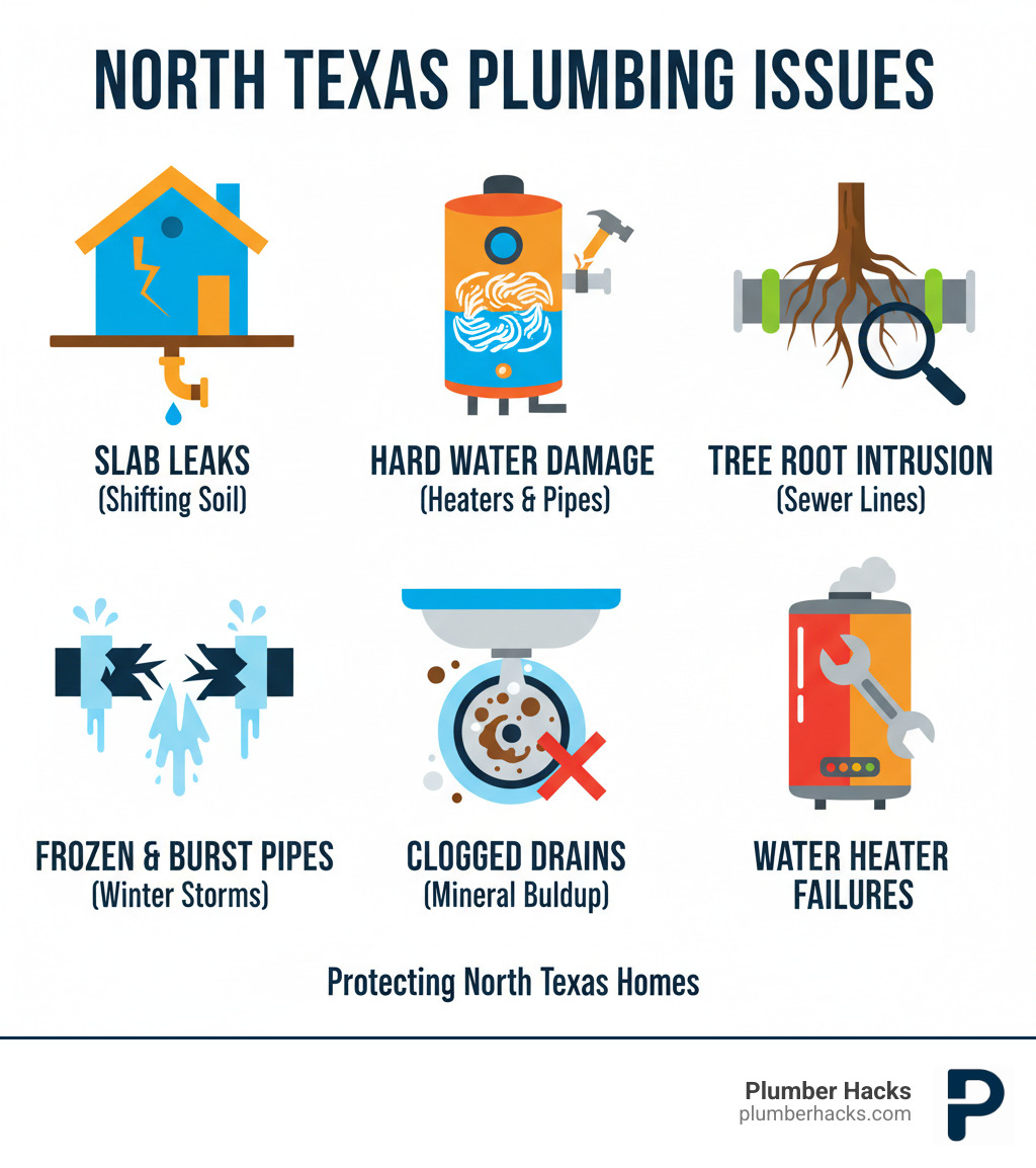 Infographic showing the most common plumbing issues in North Texas homes including slab leaks from shifting soil, hard water damage to water heaters and pipes, tree root intrusion in sewer lines, frozen and burst pipes during winter storms, clogged drains from mineral buildup, and water heater failures - plumbing services North Dallas infographic 