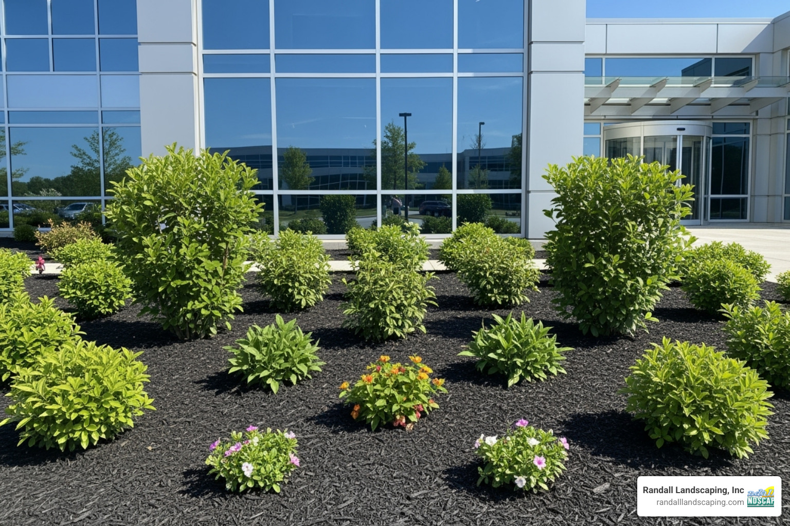 A clean, mulched garden bed outside an office building - landscapers Methuen MA