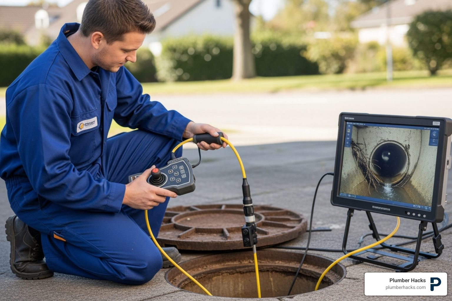 professional plumber using a video camera for sewer inspection - plumbing services North Dallas