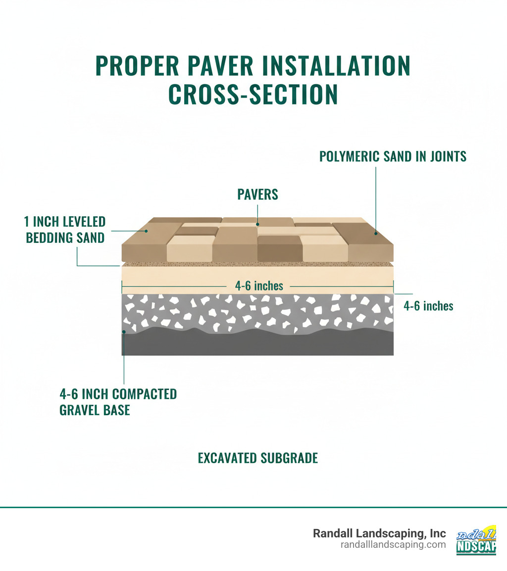 Infographic showing cross-section of proper paver installation with labeled layers: excavated subgrade at bottom, 4-6 inch compacted gravel base layer, 1 inch leveled bedding sand layer, pavers on top, and polymeric sand filling joints between pavers - laying pavers infographic 