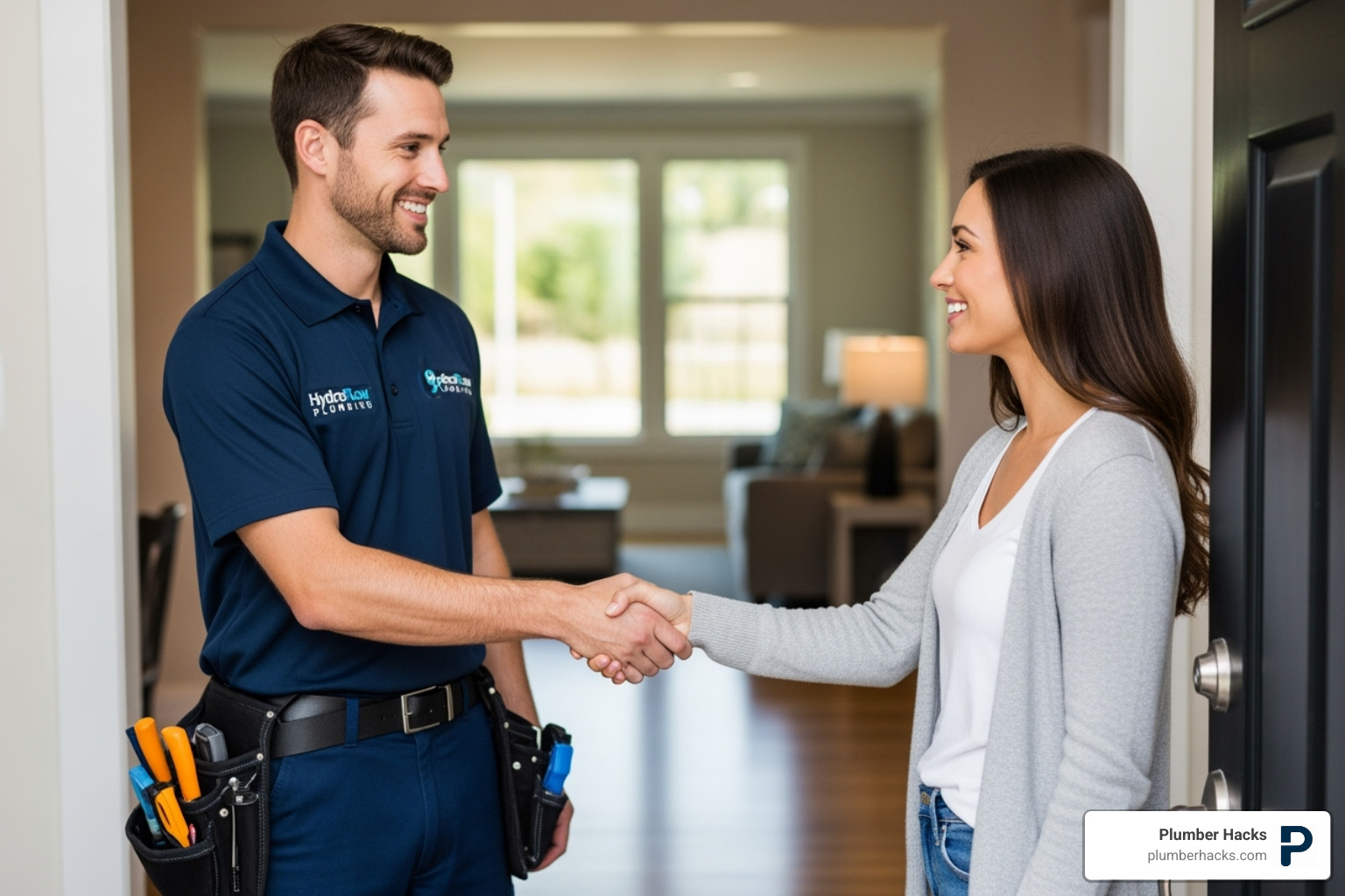 homeowner shaking hands with a uniformed plumber - plumbing services North Dallas