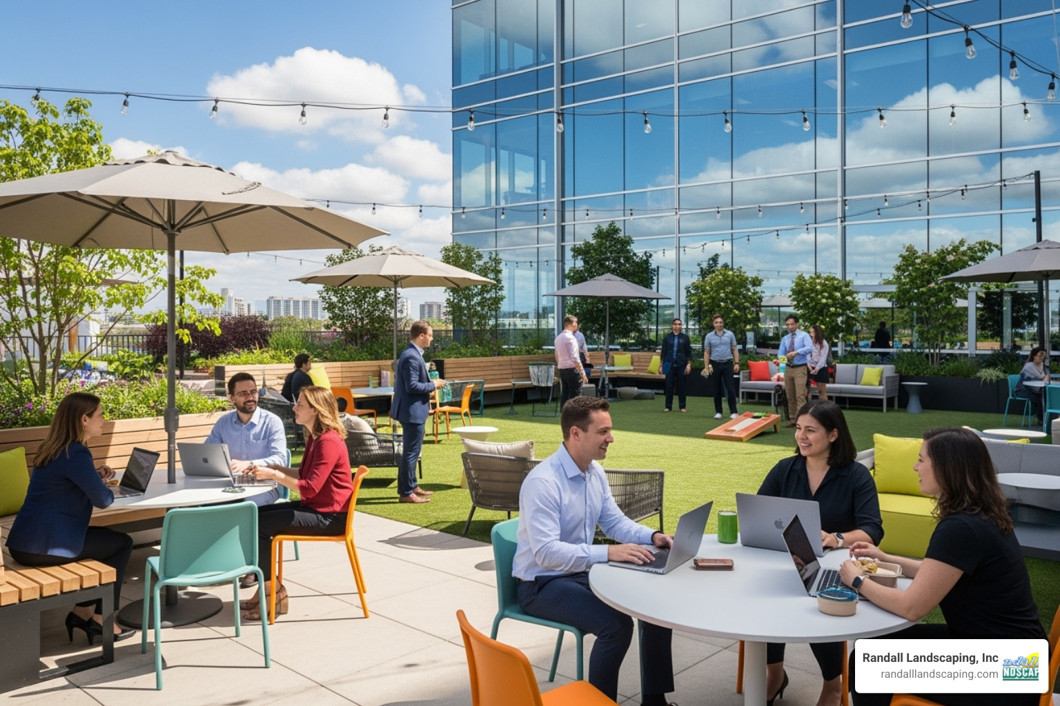 Employees enjoying an outdoor patio space at a corporate campus - landscapers Methuen MA