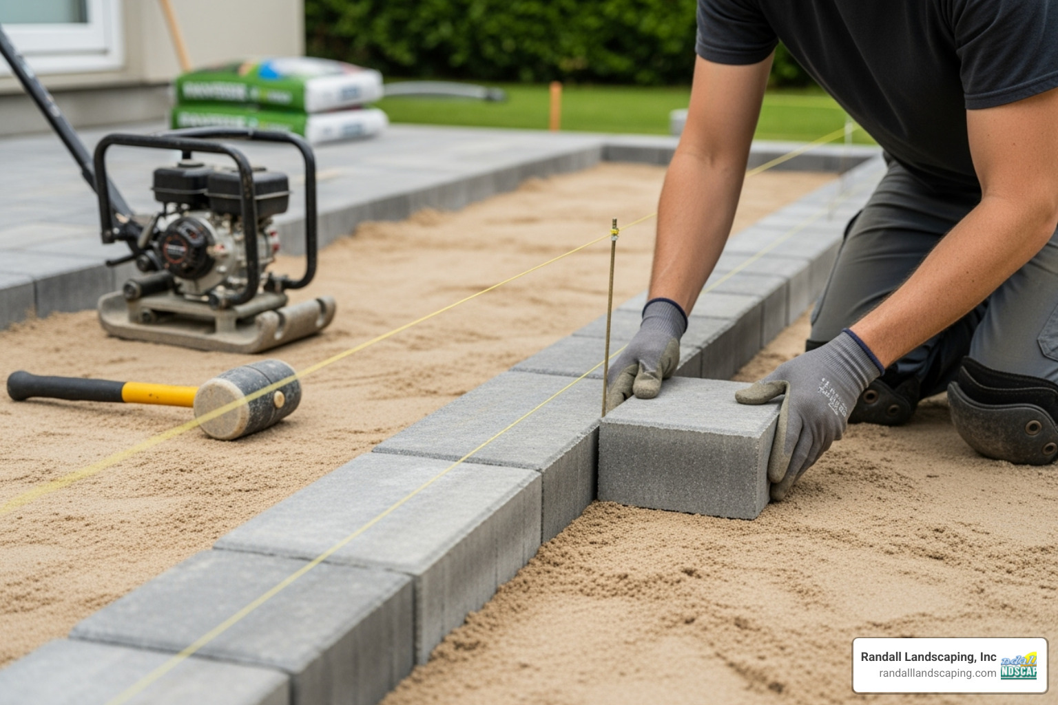 person laying the first row of pavers along a string line - laying pavers
