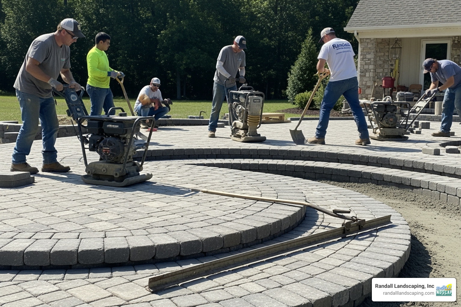 professional landscaping crew from Randall Landscaping installing a complex paver walkway - laying pavers