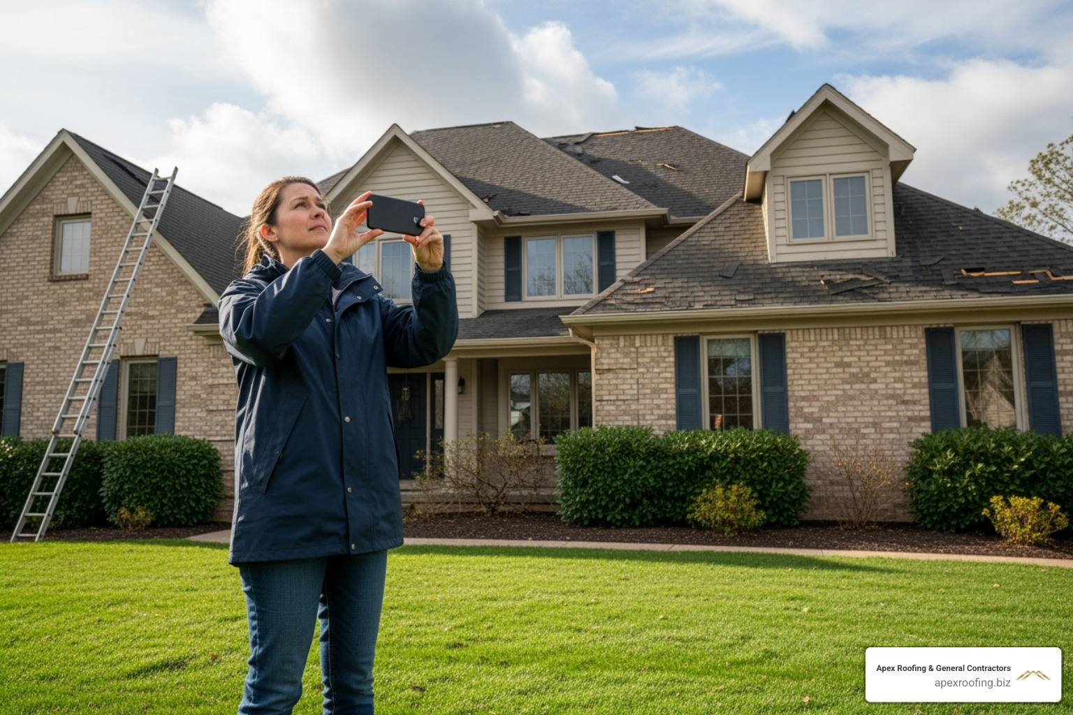 Homeowner safely taking photos of a damaged roof from the ground - local storm damage Homeowner safely taking photos of a damaged roof from the ground - local storm damage