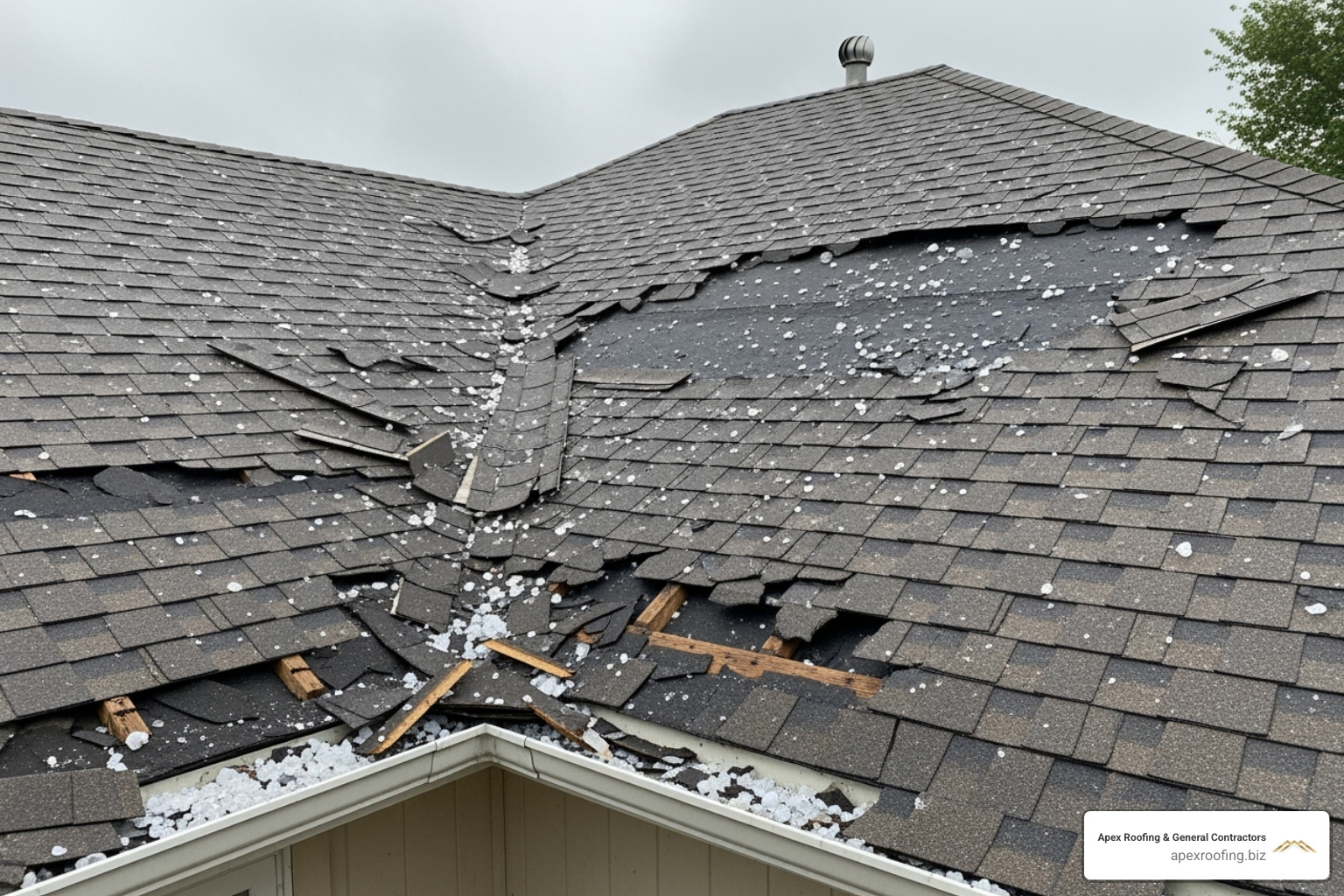 Roof with visible hail damage and missing shingles - local storm damage Roof with visible hail damage and missing shingles - local storm damage