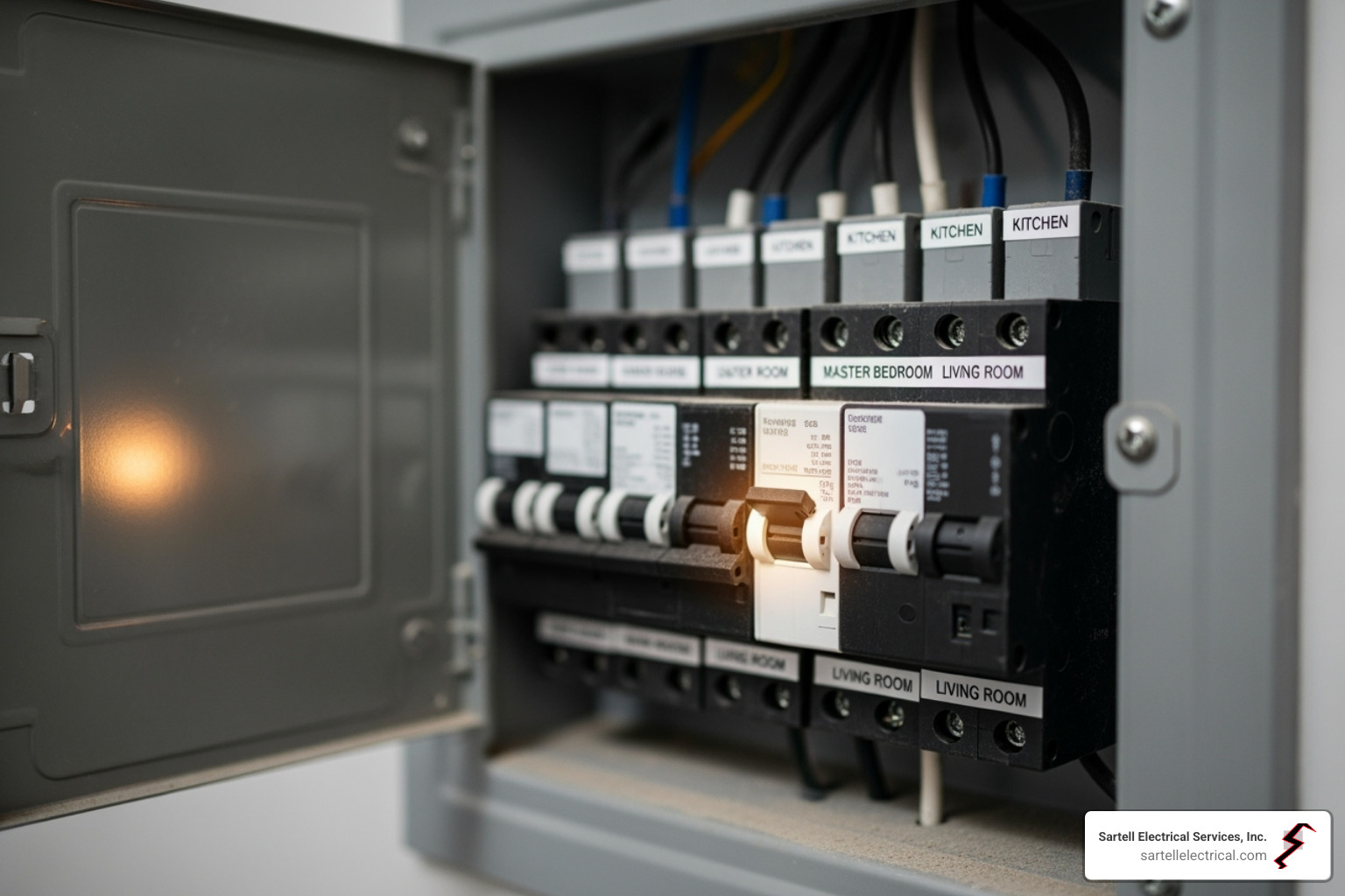 residential circuit breaker panel with one breaker highlighted - baseboard heater repair