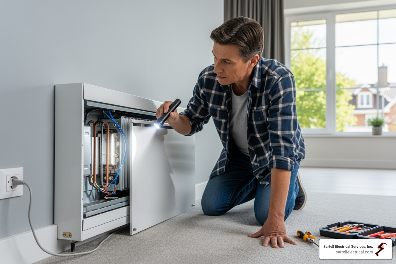 homeowner safely inspecting a baseboard heater with the power off - baseboard heater repair