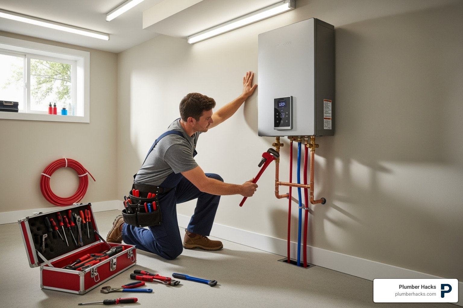 plumber working on a modern tankless water heater - plumbing services near east valley az