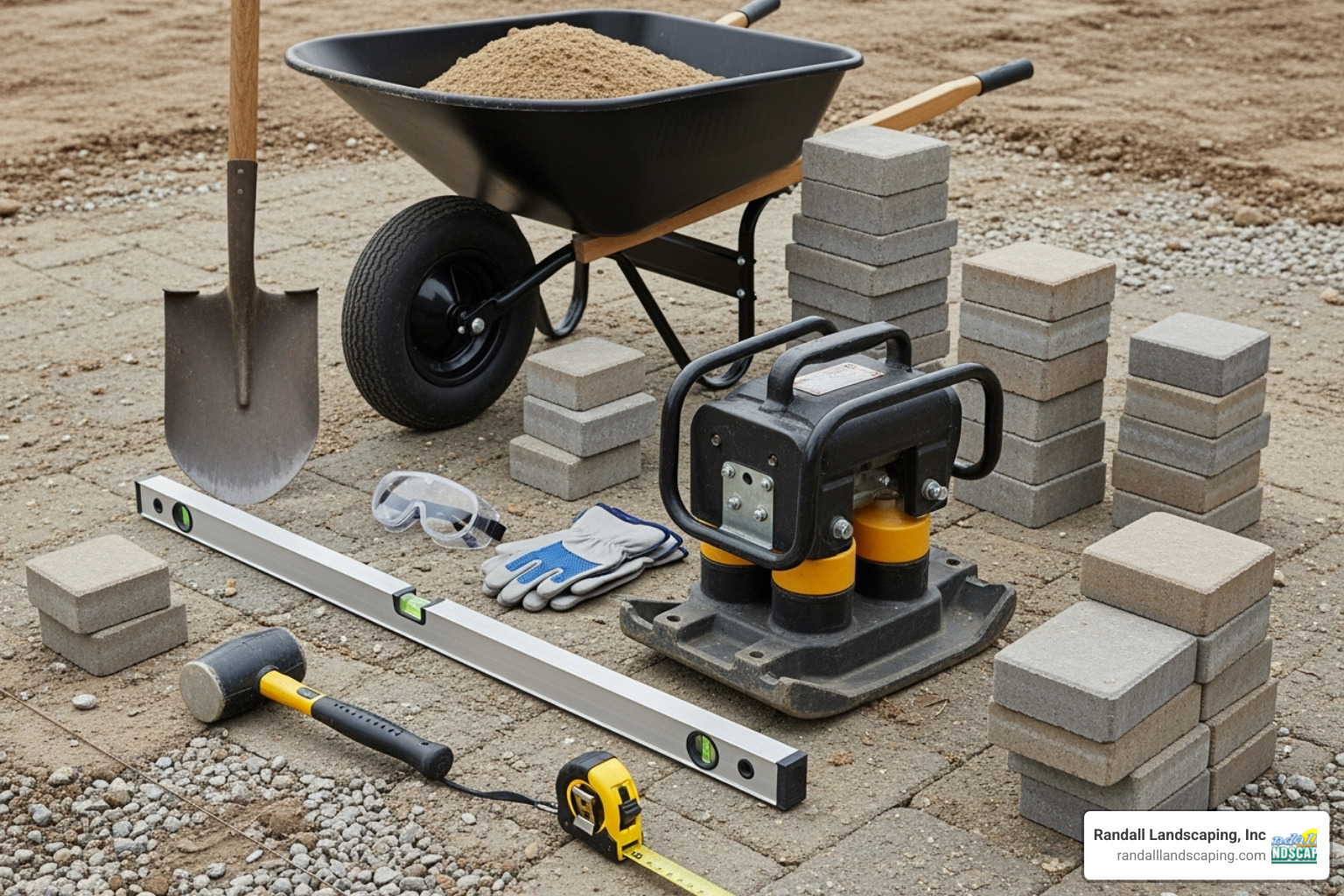 all necessary tools and materials laid out: shovel, wheelbarrow, tamper, level, rubber mallet, etc. - laying pavers