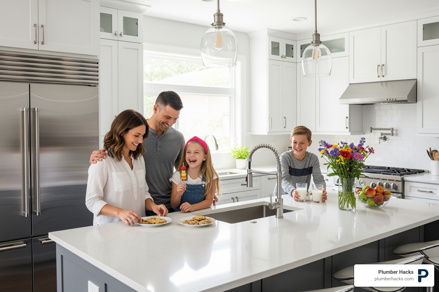 smiling family in a modern kitchen with new fixtures - plumbing services near east valley az