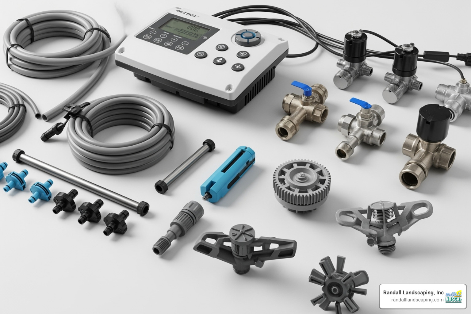 Components of a commercial irrigation system laid out, including a controller, valves, sprinkler heads, and drip tubing - commercial landscape irrigation services