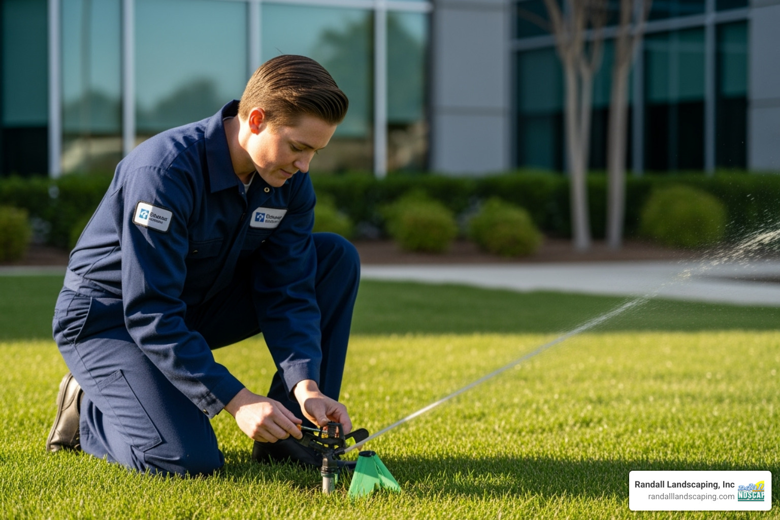 A uniformed Randall Landscaping technician adjusting a sprinkler head on a commercial lawn - commercial landscape irrigation services