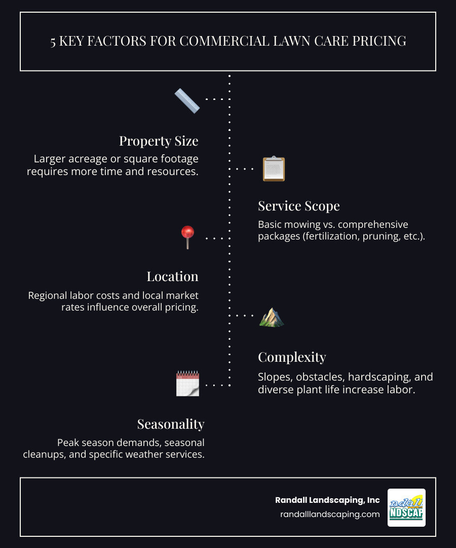 infographic showing five key factors affecting commercial lawn care costs: property size measured in acres, service scope from basic mowing to full maintenance, geographic location and regional labor rates, property complexity including terrain and obstacles, and seasonal demand affecting scheduling and pricing - commercial lawn care pricing infographic infographic-line-5-steps-dark