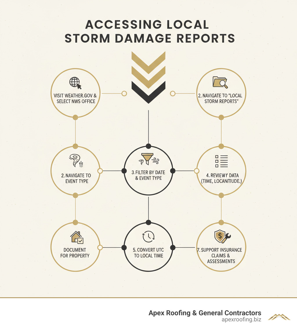 Infographic showing the process of accessing local storm damage reports: 1. Visit weather.gov and select your local NWS office, 2. Navigate to 'Local Storm Reports' section, 3. Filter by date and event type (tornado, hail, wind), 4. Review key data including time (UTC), location (county/coordinates), event type, and magnitude (wind speed in MPH, hail size in inches, tornado F-Scale), 5. Convert UTC time to local time for accuracy, 6. Document relevant reports for your property location, 7. Use this data to support insurance claims and contractor assessments - local storm damage infographic Infographic showing the process of accessing local storm damage reports: 1. Visit weather.gov and select your local NWS office, 2. Navigate to 'Local Storm Reports' section, 3. Filter by date and event type (tornado, hail, wind), 4. Review key data including time (UTC), location (county/coordinates), event type, and magnitude (wind speed in MPH, hail size in inches, tornado F-Scale), 5. Convert UTC time to local time for accuracy, 6. Document relevant reports for your property location, 7. Use this data to support insurance claims and contractor assessments - local storm damage infographic