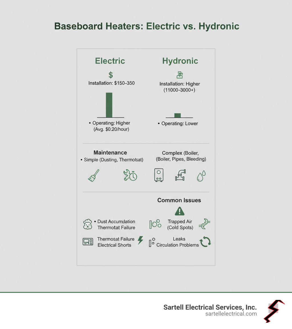 Table comparing Electric and Hydronic Baseboard Heaters on cost, maintenance, and common issues - baseboard heater repair infographic 