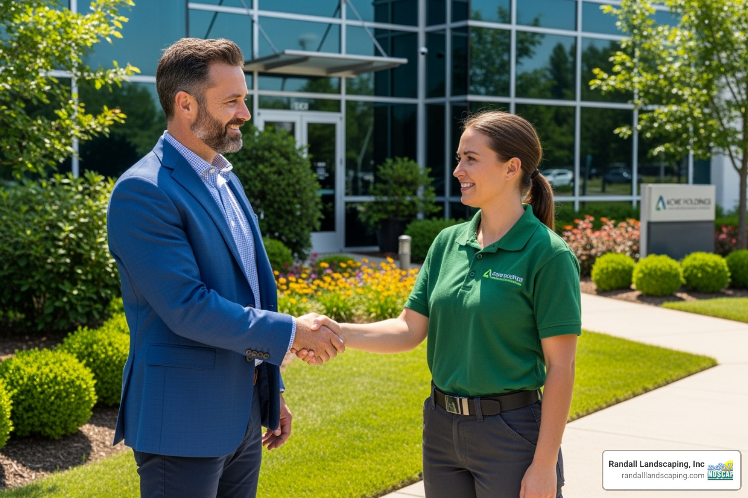 business owner shaking hands with landscaper - commercial lawn care pricing