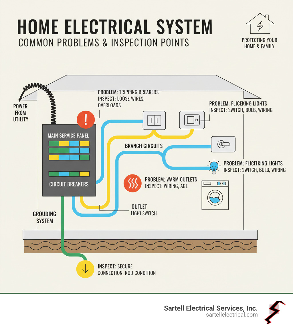Infographic showing the main components of a residential electrical system: the main service panel with circuit breakers, branch circuits running through walls, outlets and switches throughout the home, grounding system, and connections to major appliances, with labels indicating common problem areas and inspection points - electrical home repair near me infographic 