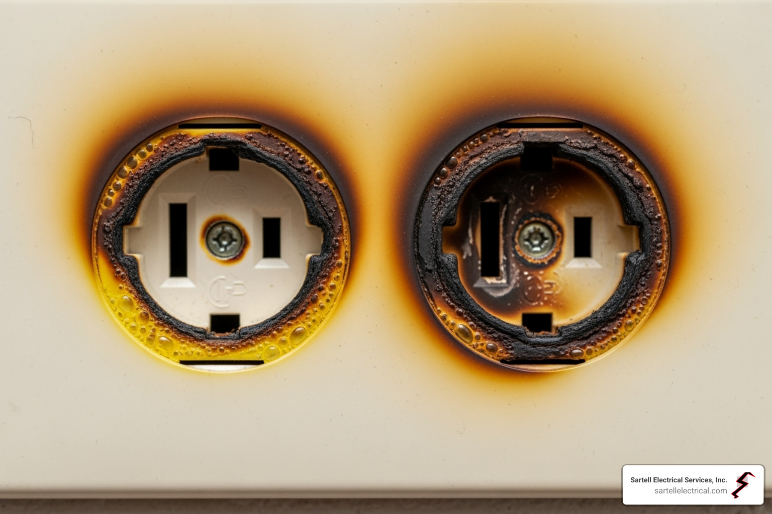 A close-up image of a discolored and potentially hazardous electrical outlet, showing burn marks around the receptacle openings - electrical home repair near me