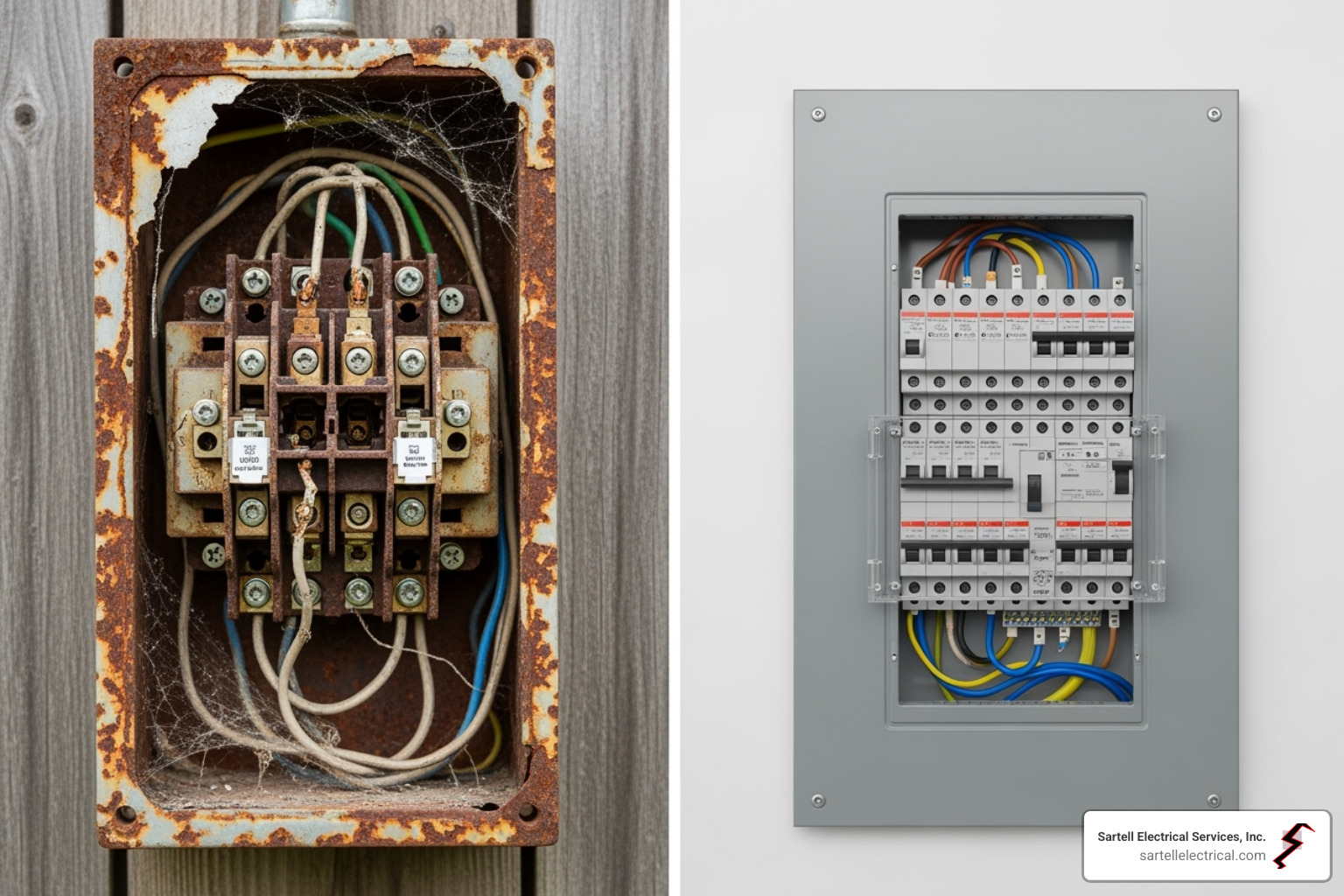 A side-by-side comparison image of an old, corroded fuse box with exposed wiring next to a sleek, modern circuit breaker panel with clearly labeled switches - electrical home repair near me