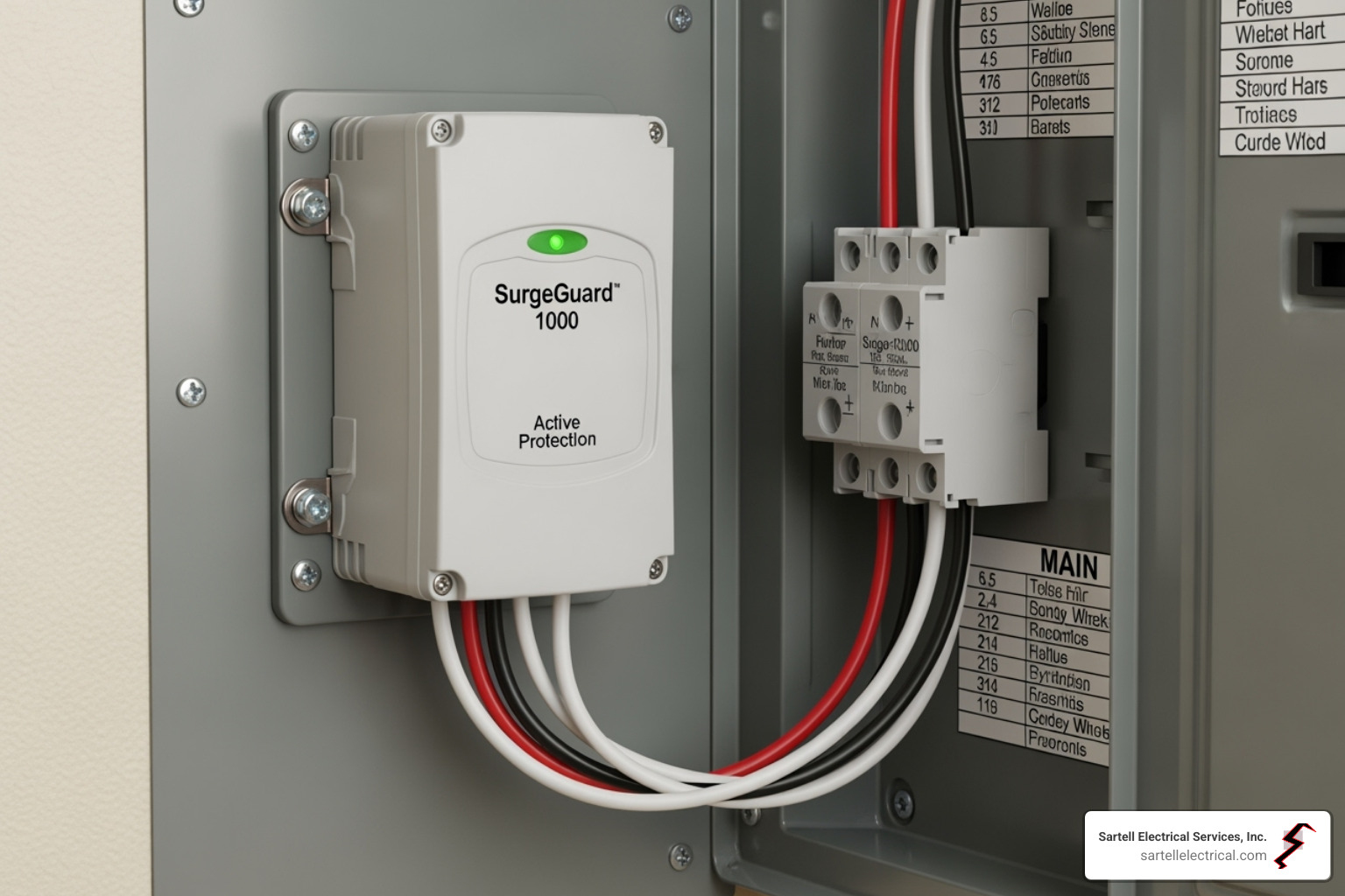 A close-up image of a whole-home surge protector device neatly installed on the side of an an electrical panel, with wires connecting it to the main power supply - electrical home repair near me