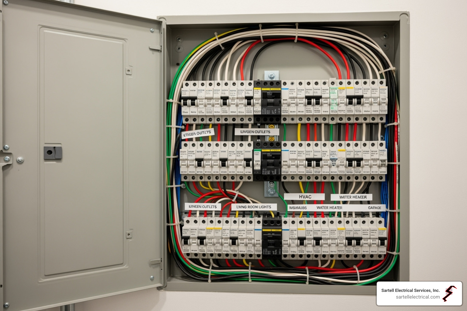 A brightly lit image of a modern, clearly labeled electrical breaker panel, showcasing organized wiring and clearly marked circuit breakers - electrical home repair near me