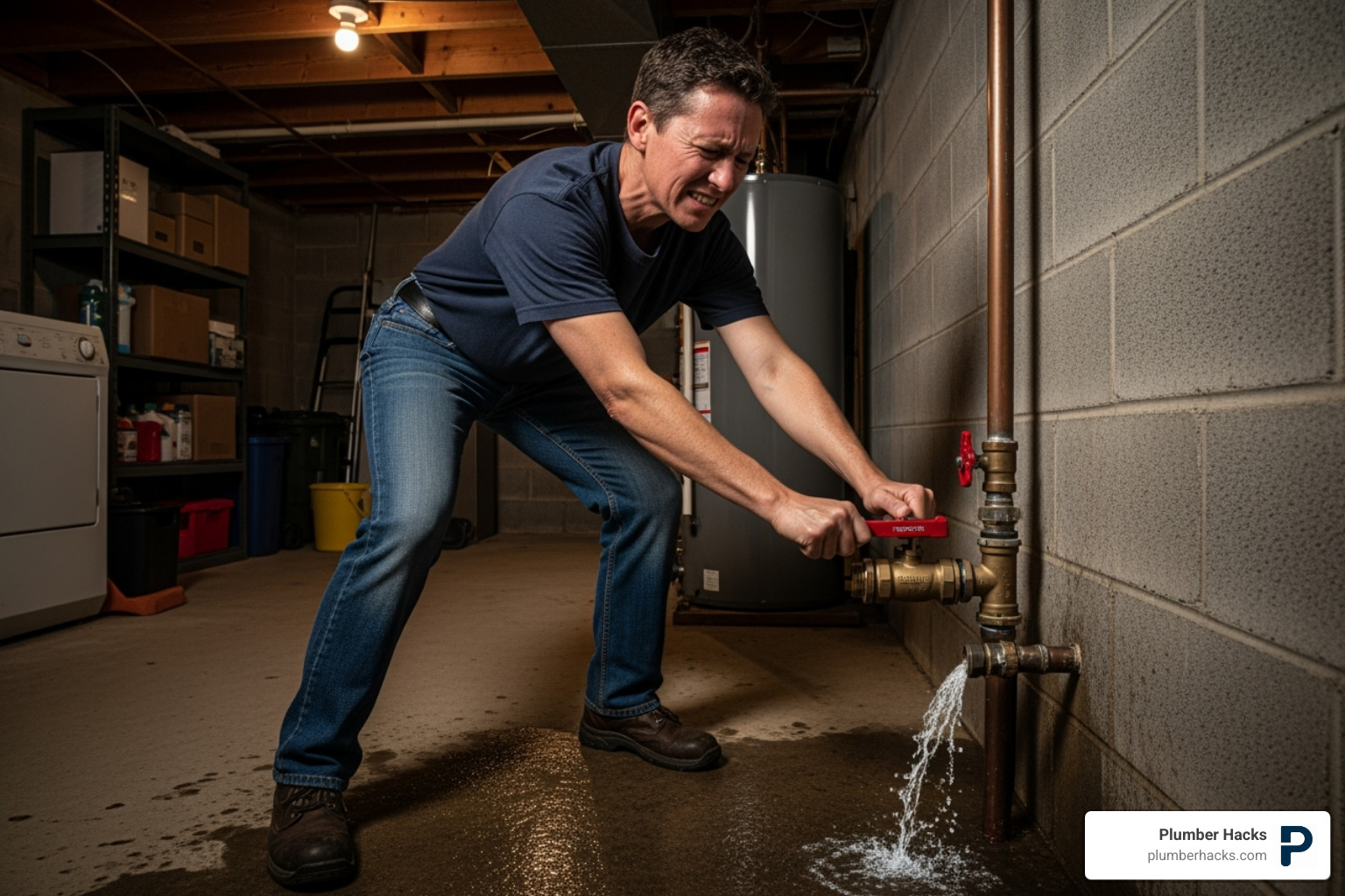 A homeowner quickly turning a main water shut-off valve to stop a leak. - emergency plumbing services north dallas