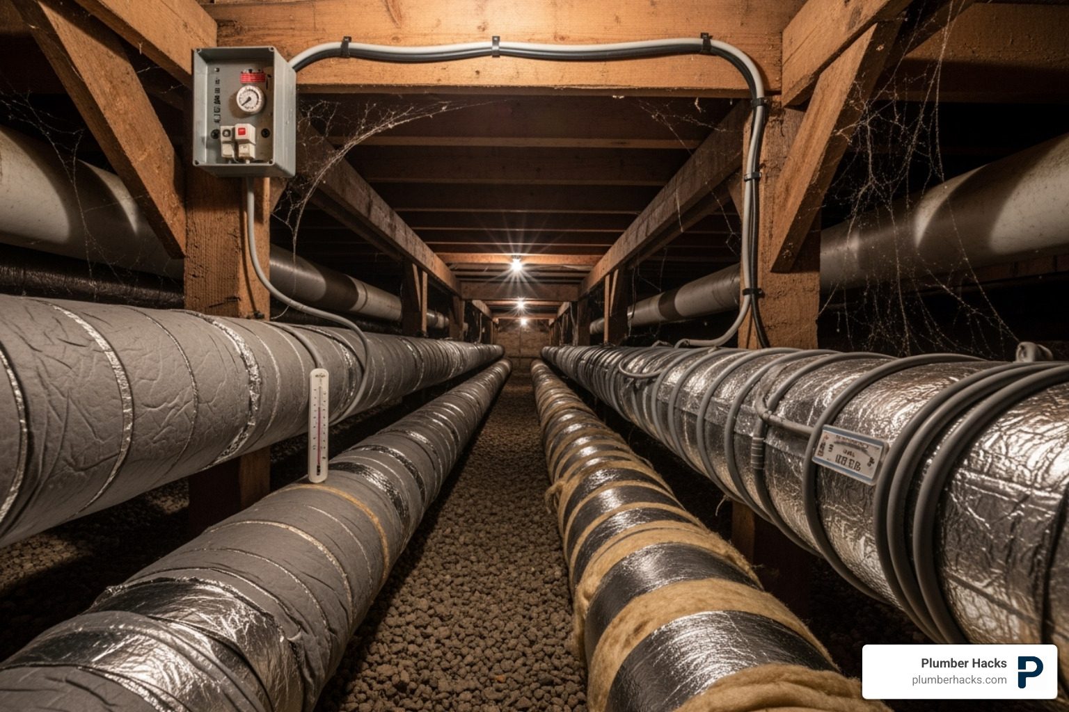 Insulated pipes in a crawlspace, showing proper winterization. - emergency plumbing services north dallas
