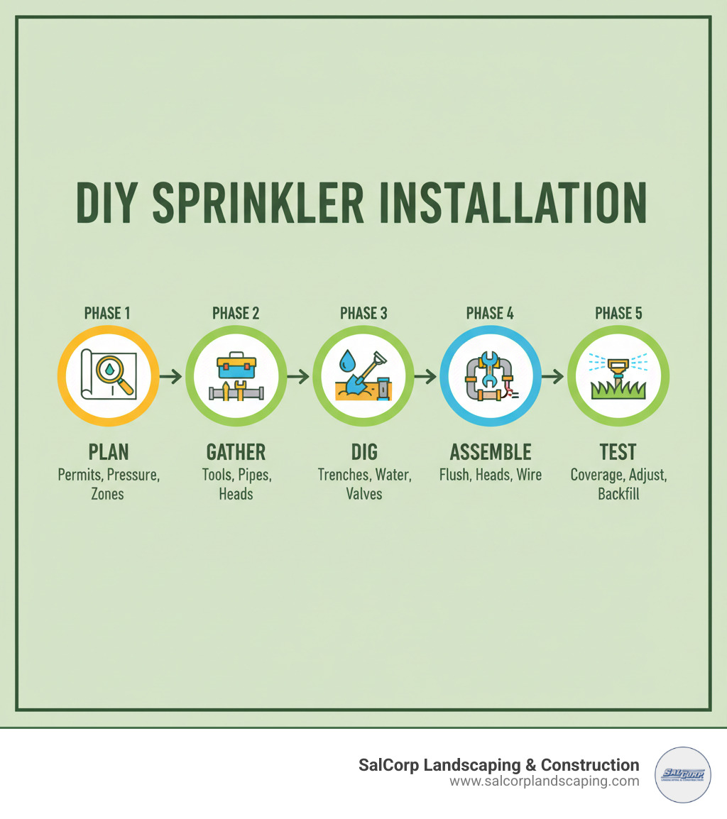 Infographic showing the 5 main phases of DIY sprinkler installation: Phase 1 - Plan (permits, water pressure, zones), Phase 2 - Gather (tools, pipes, heads, controller), Phase 3 - Dig (trenches, water connection, valve manifold), Phase 4 - Assemble (flush, install heads, wire controller), Phase 5 - Test (check coverage, adjust, backfill) - setting up a lawn sprinkler system infographic 