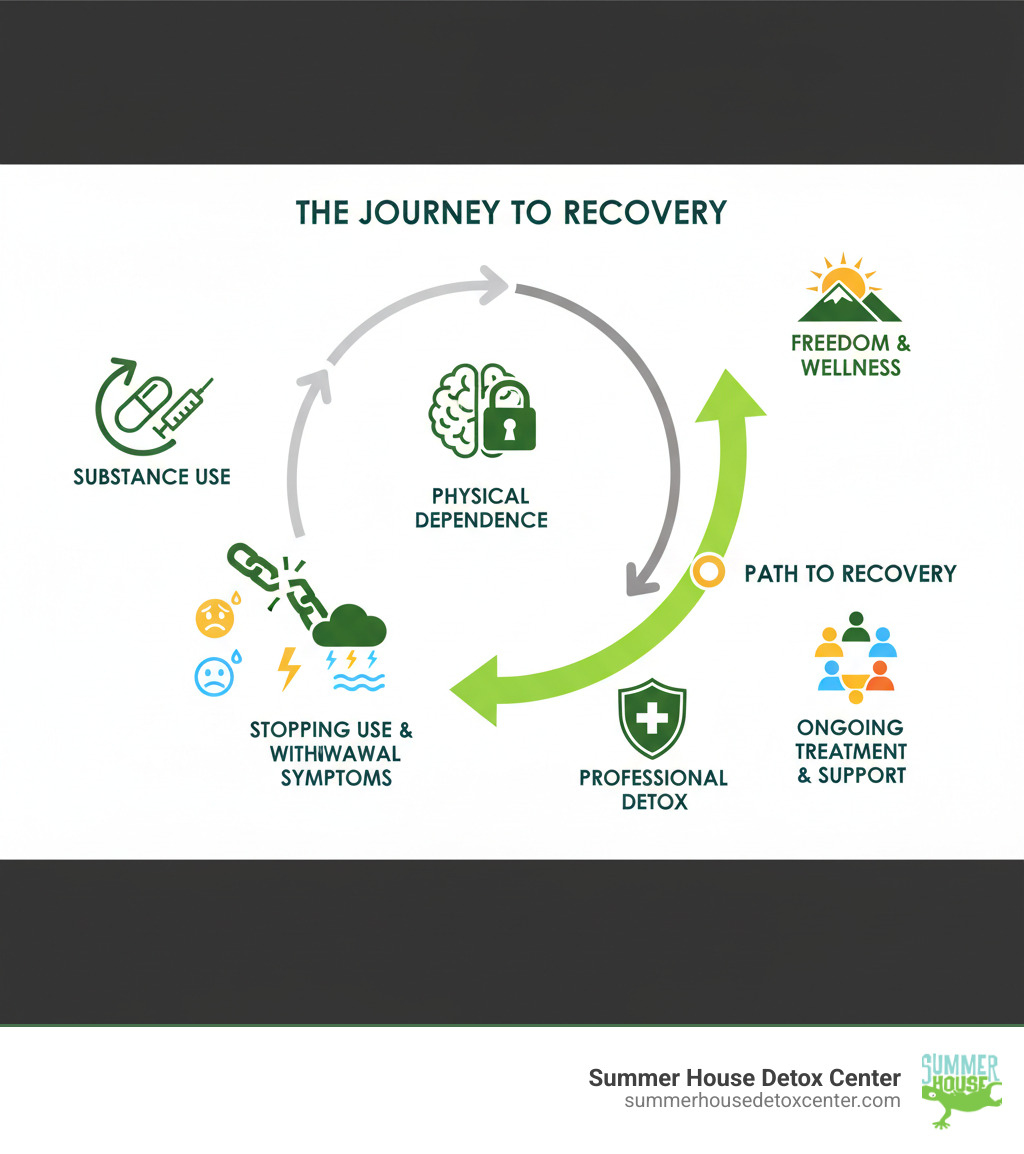 infographic showing the cycle of substance use leading to physical dependence, triggering withdrawal symptoms when stopped, and the path to recovery through professional detox and ongoing treatment - drug withdrawal help infographic infographic showing the cycle of substance use leading to physical dependence, triggering withdrawal symptoms when stopped, and the path to recovery through professional detox and ongoing treatment - drug withdrawal help infographic