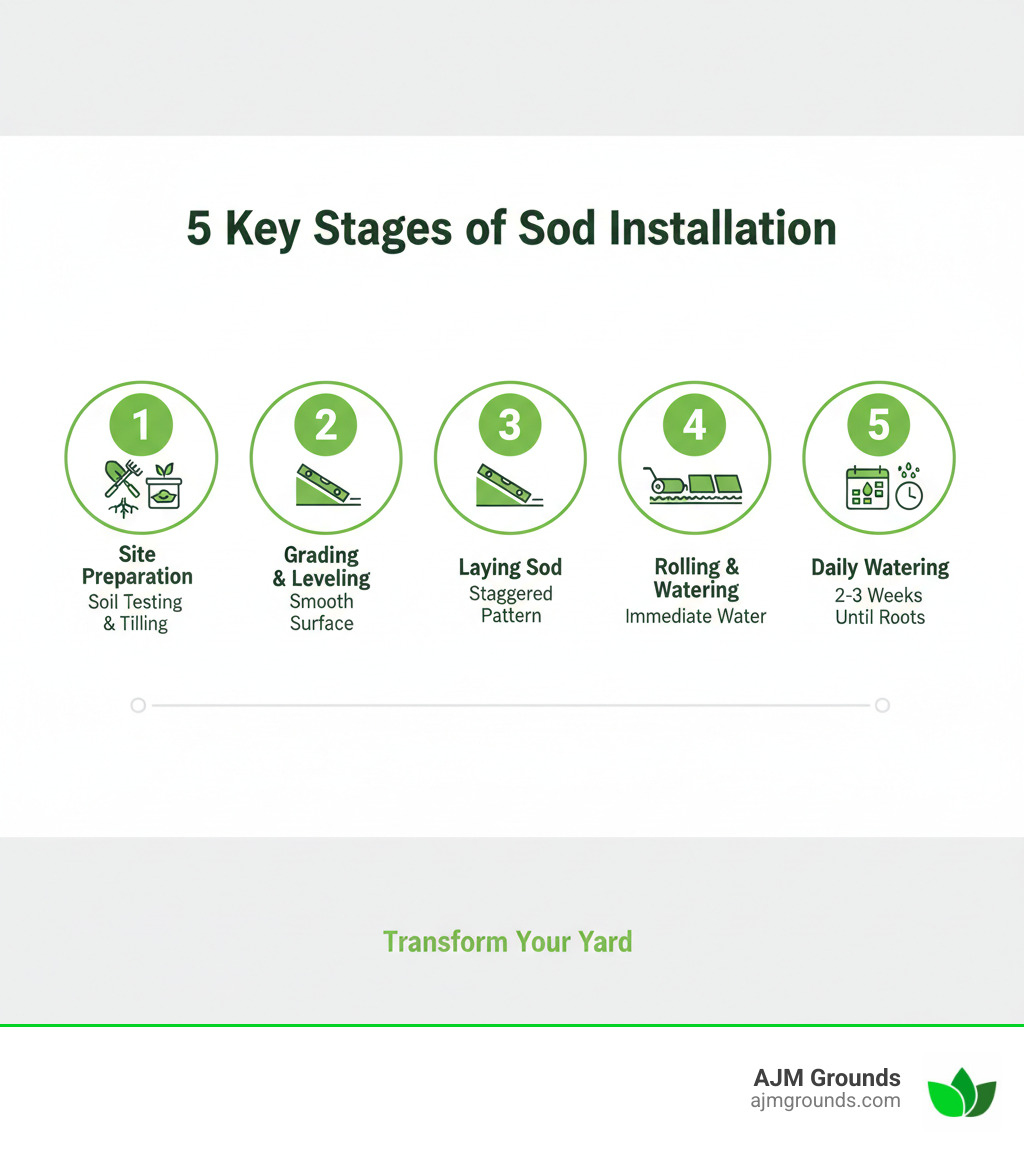 Infographic showing the 5 key stages of sod installation: 1) Site preparation with soil testing and tilling, 2) Grading and leveling the surface, 3) Laying sod in staggered pattern along straight edge, 4) Rolling and immediate watering, 5) Daily watering schedule for first 2-3 weeks until roots establish - laying new sod infographic 