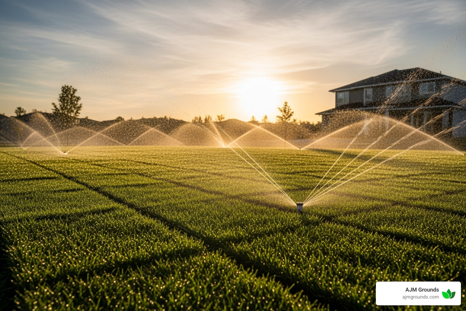 sprinkler system watering a new sod lawn at sunrise - laying new sod