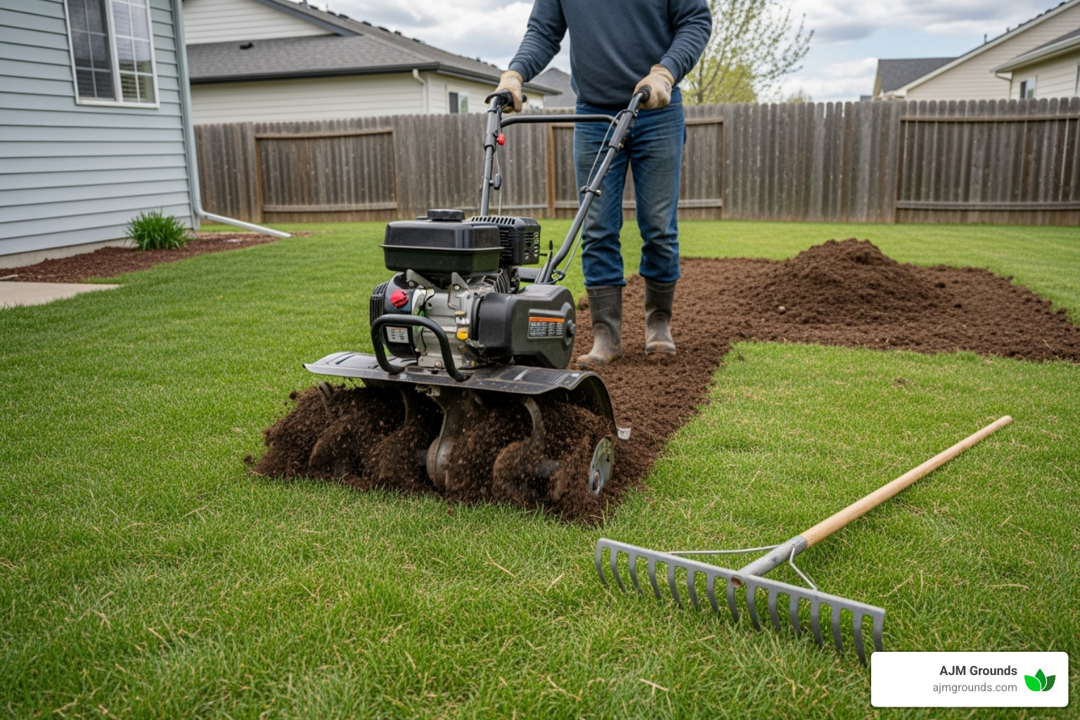 yard being prepped with a rototiller and rake - laying new sod