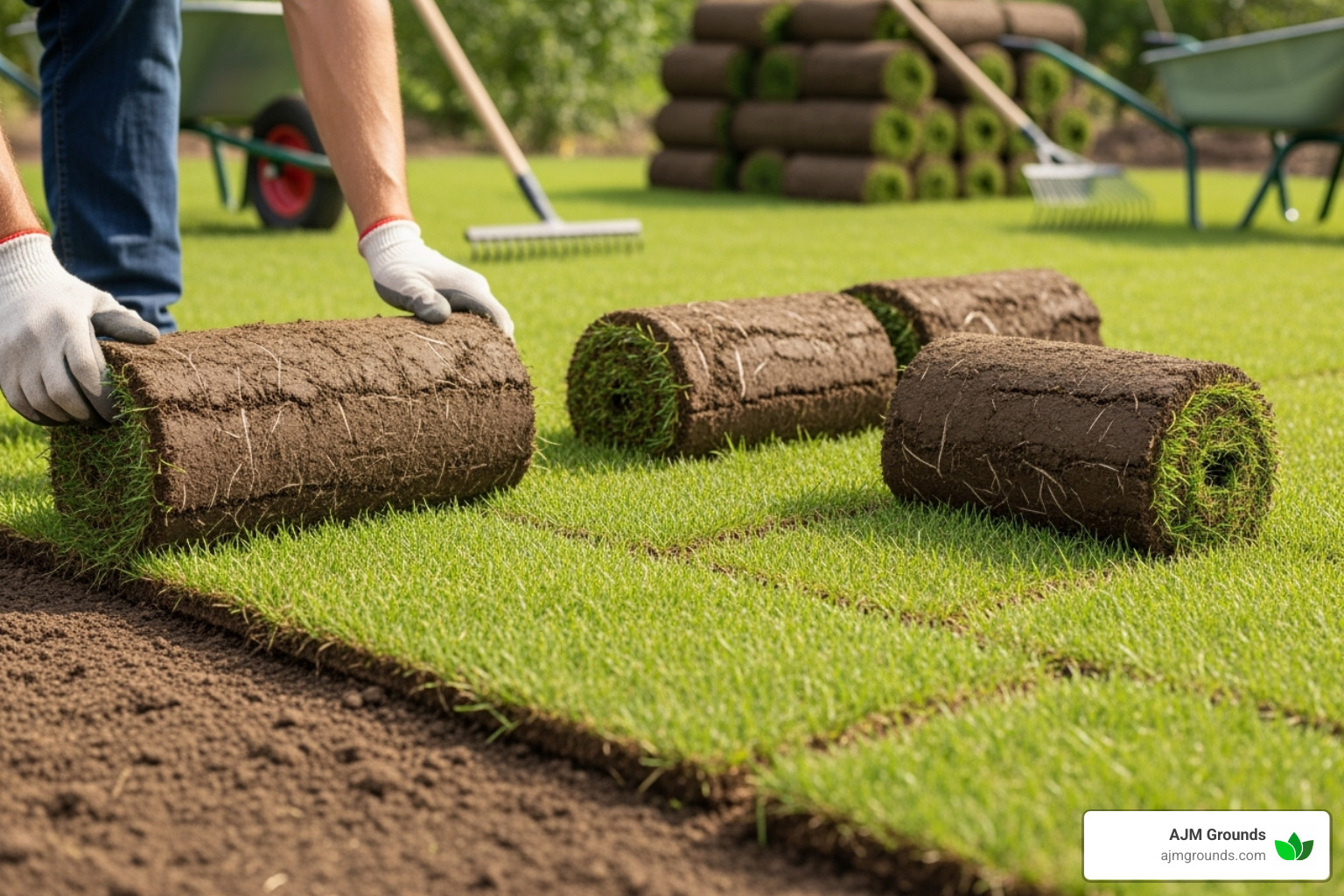 sod rolls being laid in a staggered brick pattern - laying new sod