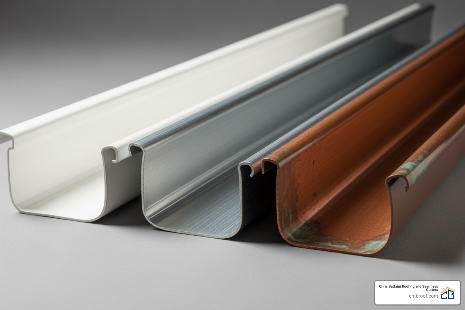 image showing different gutter materials like vinyl, aluminum, and copper - average gutter installation cost