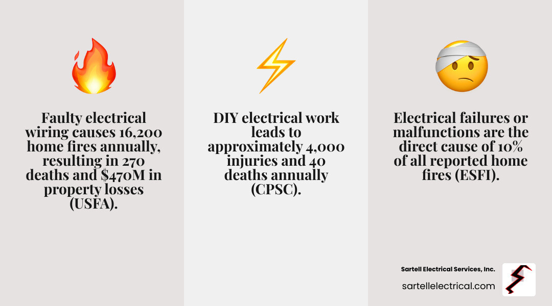 infographic showing top causes of home electrical fires including faulty wiring distribution and lighting equipment electrical failures overloaded circuits and damaged electrical cords with statistics from ESFI and NFPA - electrical home repair service infographic 3_facts_emoji_grey