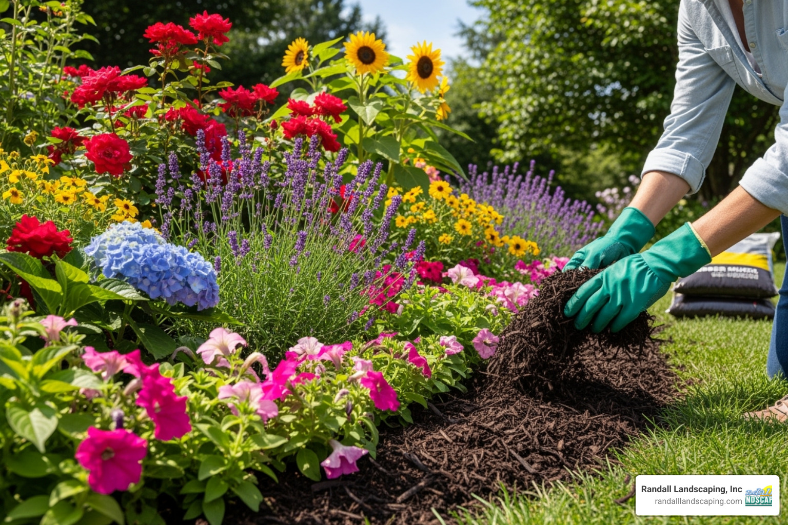 person spreading rubber mulch - rubber mulch for flower beds