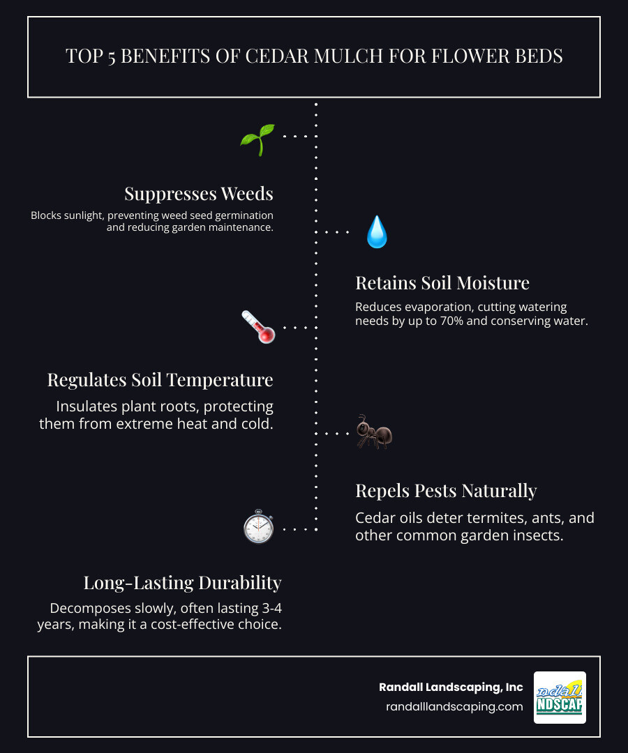 Infographic showing the top 5 benefits of using cedar mulch in flower beds: 1. Suppresses weeds by blocking sunlight and preventing seed germination, 2. Retains soil moisture by reducing evaporation and cutting watering needs by up to 70%, 3. Regulates soil temperature to protect roots from extreme heat and cold, 4. Repels pests naturally through cedar oils that deter termites, ants, and mosquitoes, 5. Lasts 3-4 years due to slow decomposition, making it cost-effective over time - cedar mulch for flower beds infographic infographic-line-5-steps-dark