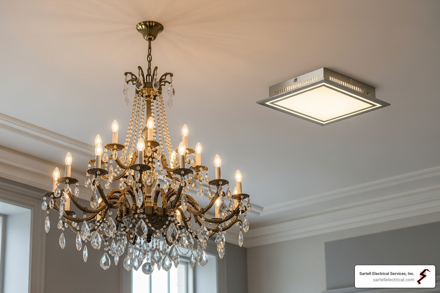 classic chandelier next to a modern LED recessed light fixture - lighting repair near me