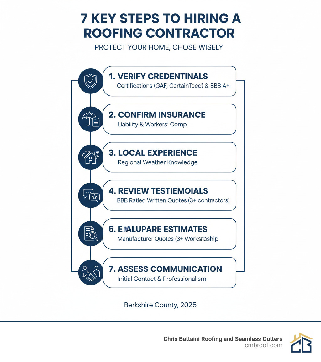 Infographic showing 7 key steps to hiring a roofing contractor: 1. Verify credentials and certifications (GAF, CertainTeed, BBB A+), 2. Confirm insurance coverage (liability and workers' comp), 3. Check local experience and knowledge of regional weather, 4. Review customer testimonials and BBB ratings, 5. Compare detailed written estimates from 3+ contractors, 6. Evaluate warranty options (manufacturer and workmanship), 7. Assess communication style and professionalism during initial contact - Best roofing contractors infographic 
