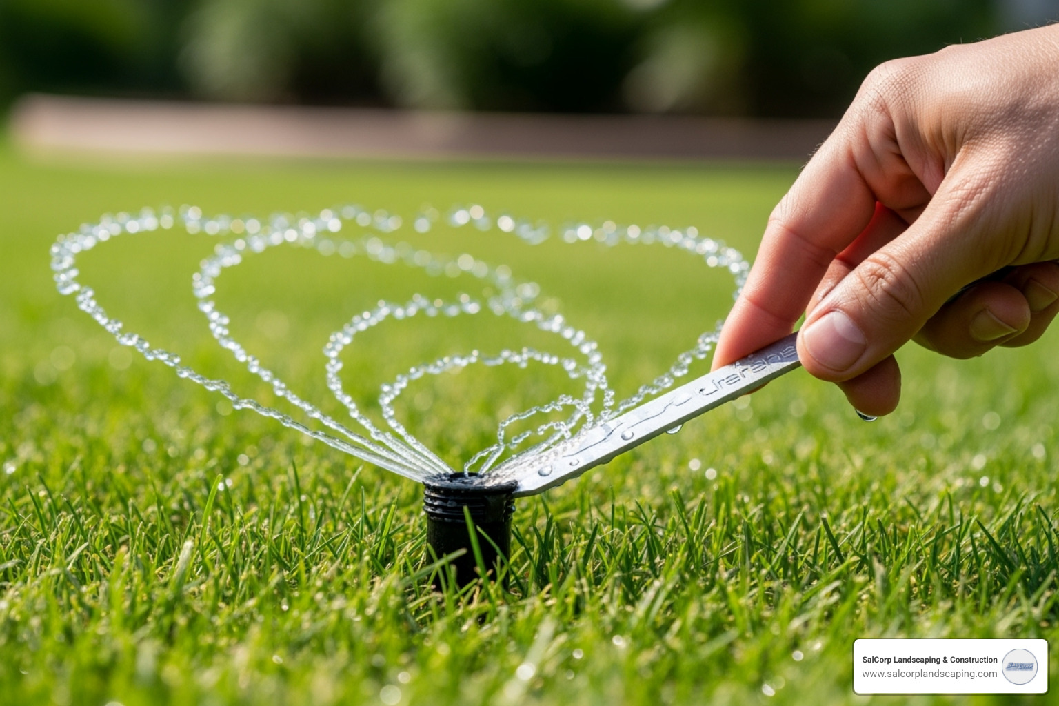sprinkler head being adjusted for optimal spray pattern - setting up a lawn sprinkler system