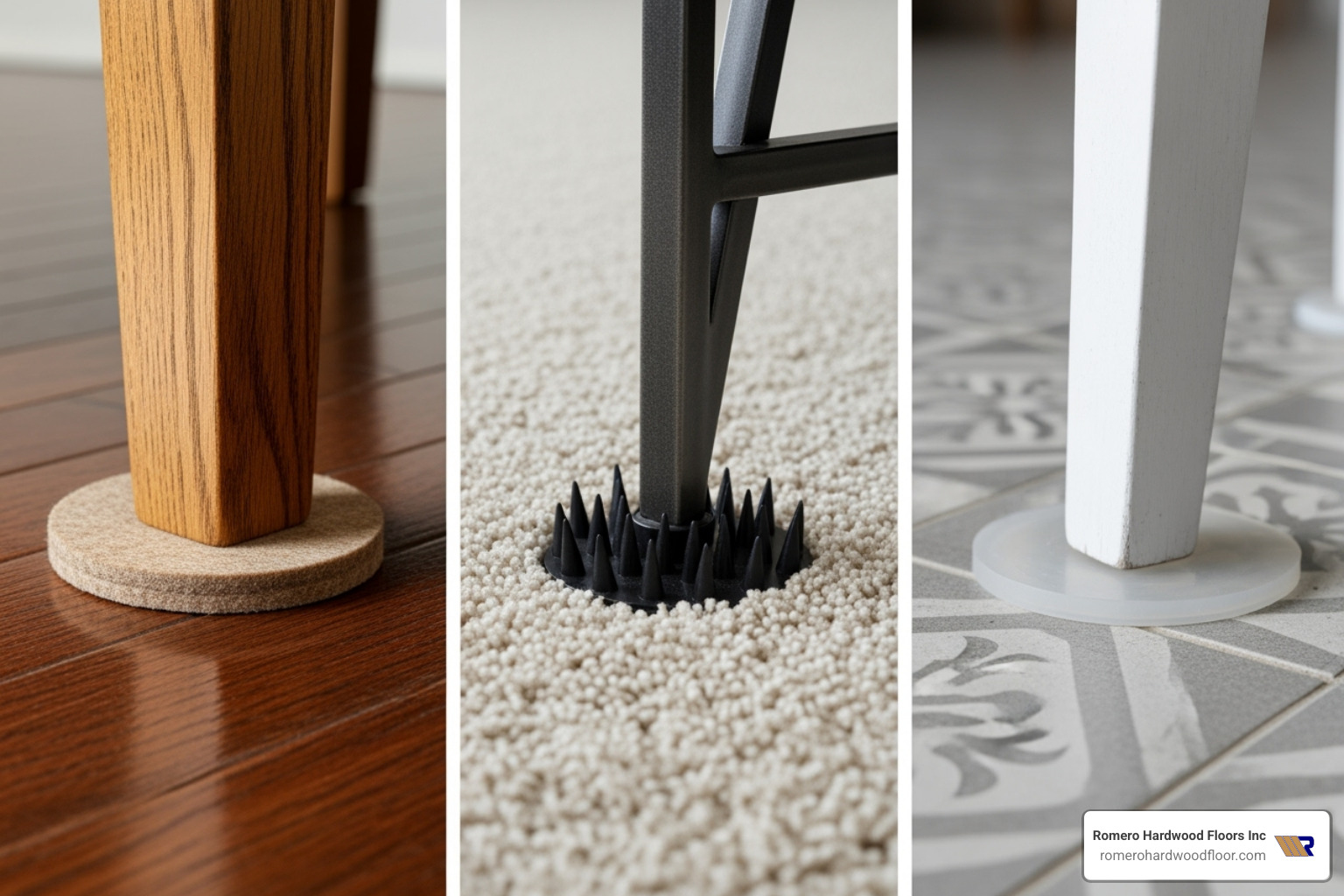 a felt coaster on hardwood, a spiked coaster on carpet, and a rubber coaster on tile - furniture coasters