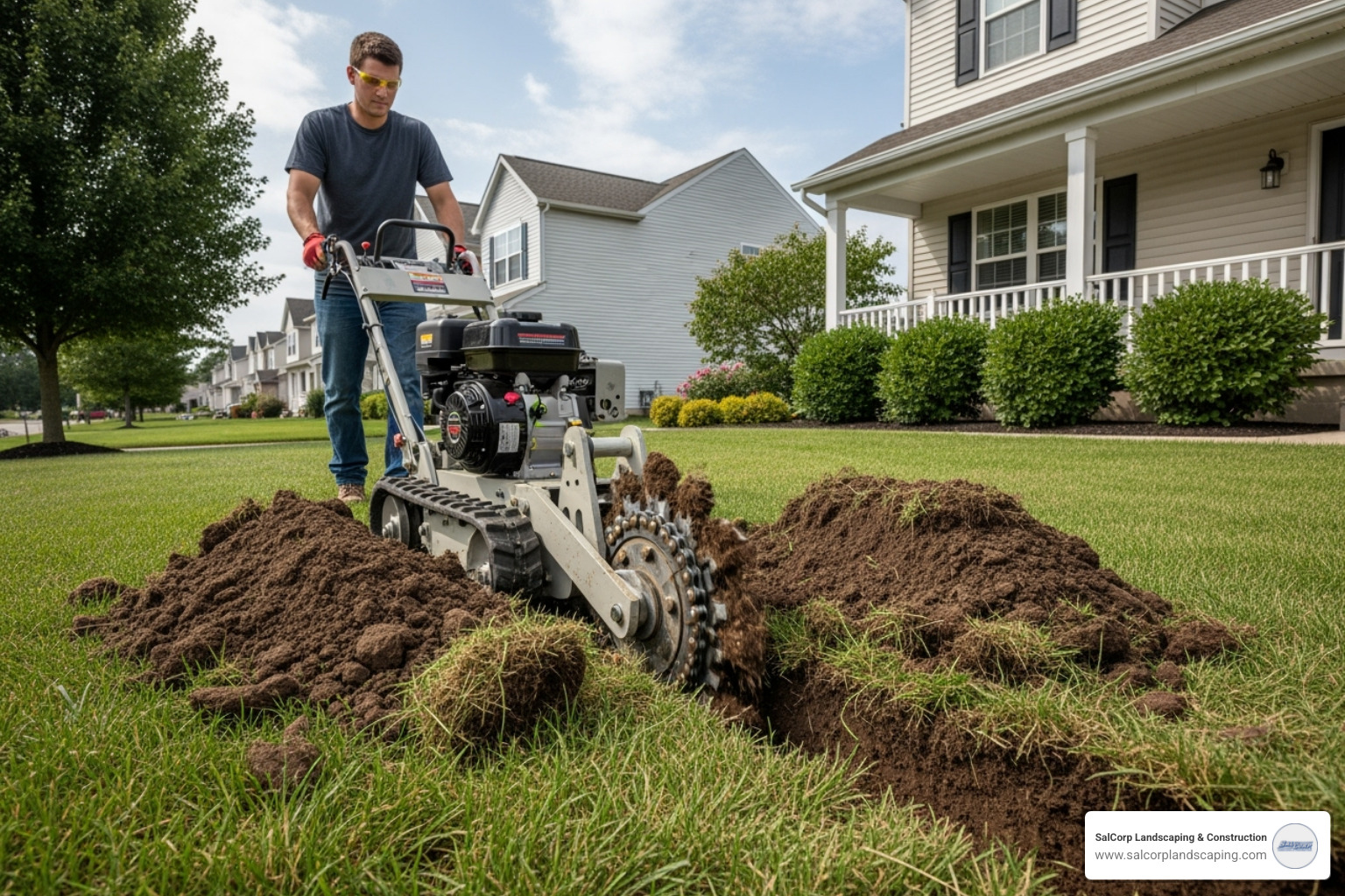 person digging a trench for sprinkler pipes using a power trencher - setting up a lawn sprinkler system