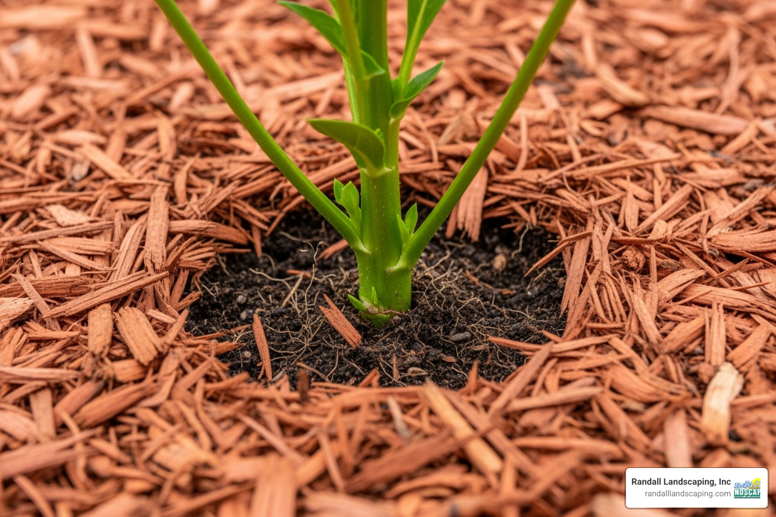 A close-up view illustrating the proper technique for applying mulch: a layer of shredded cedar mulch covers the soil, leaving a distinct, several-inch gap around the base of a plant stem to prevent rot and allow air circulation. - cedar mulch for flower beds