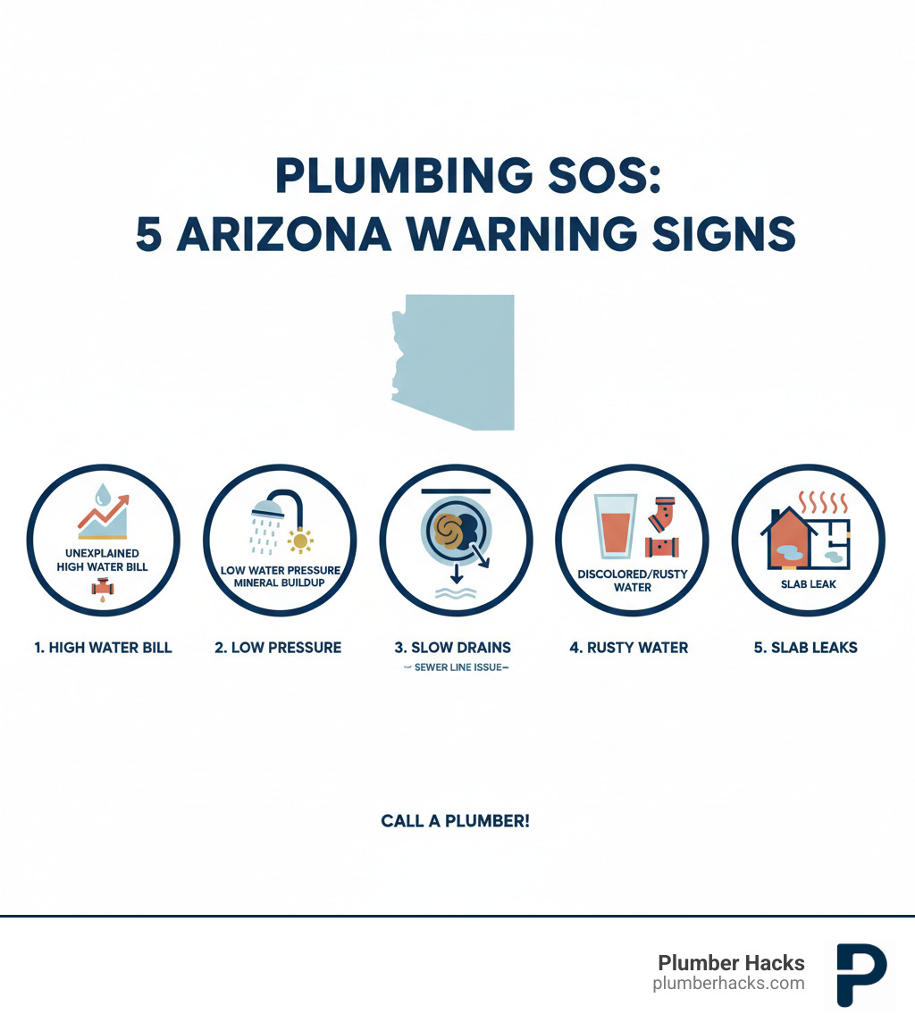 Infographic showing the top 5 signs you need to call a plumber in Arizona: 1) Unexplained spike in water bill indicating hidden leaks, 2) Low water pressure from mineral buildup or pipe issues, 3) Slow drains suggesting clogs or sewer line problems, 4) Discolored or rusty water from corroded pipes, 5) Hot spots on floors or unexplained wet areas indicating slab leaks - plumbing services near east valley az infographic 