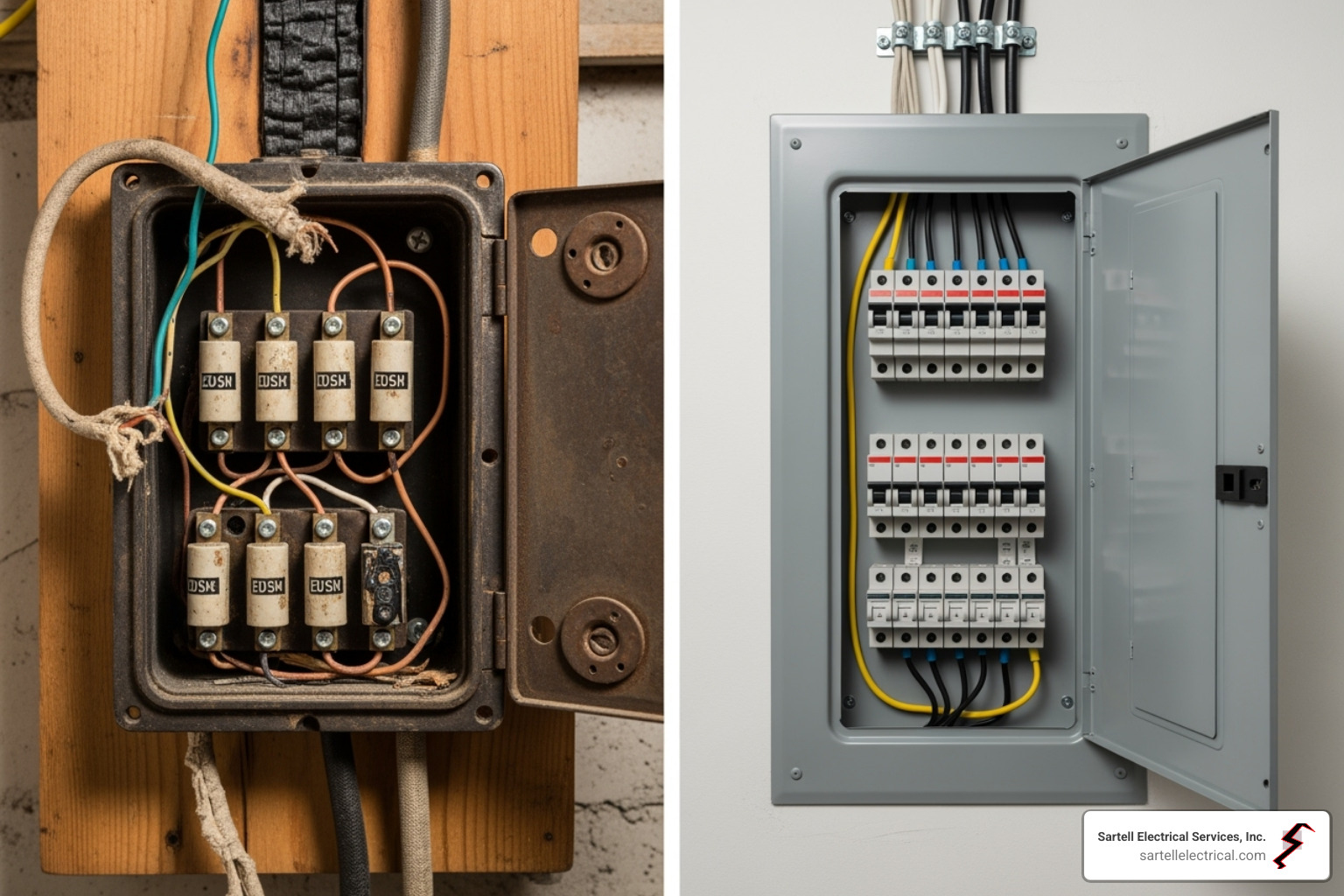 old hazardous fuse box vs modern circuit breaker panel - electrical home repair service