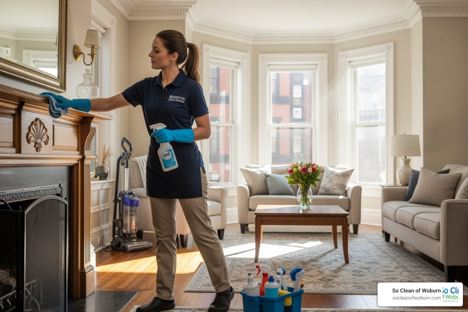 person smiling while reading positive reviews on a tablet - boston house cleaning maid person smiling while reading positive reviews on a tablet - boston house cleaning maid