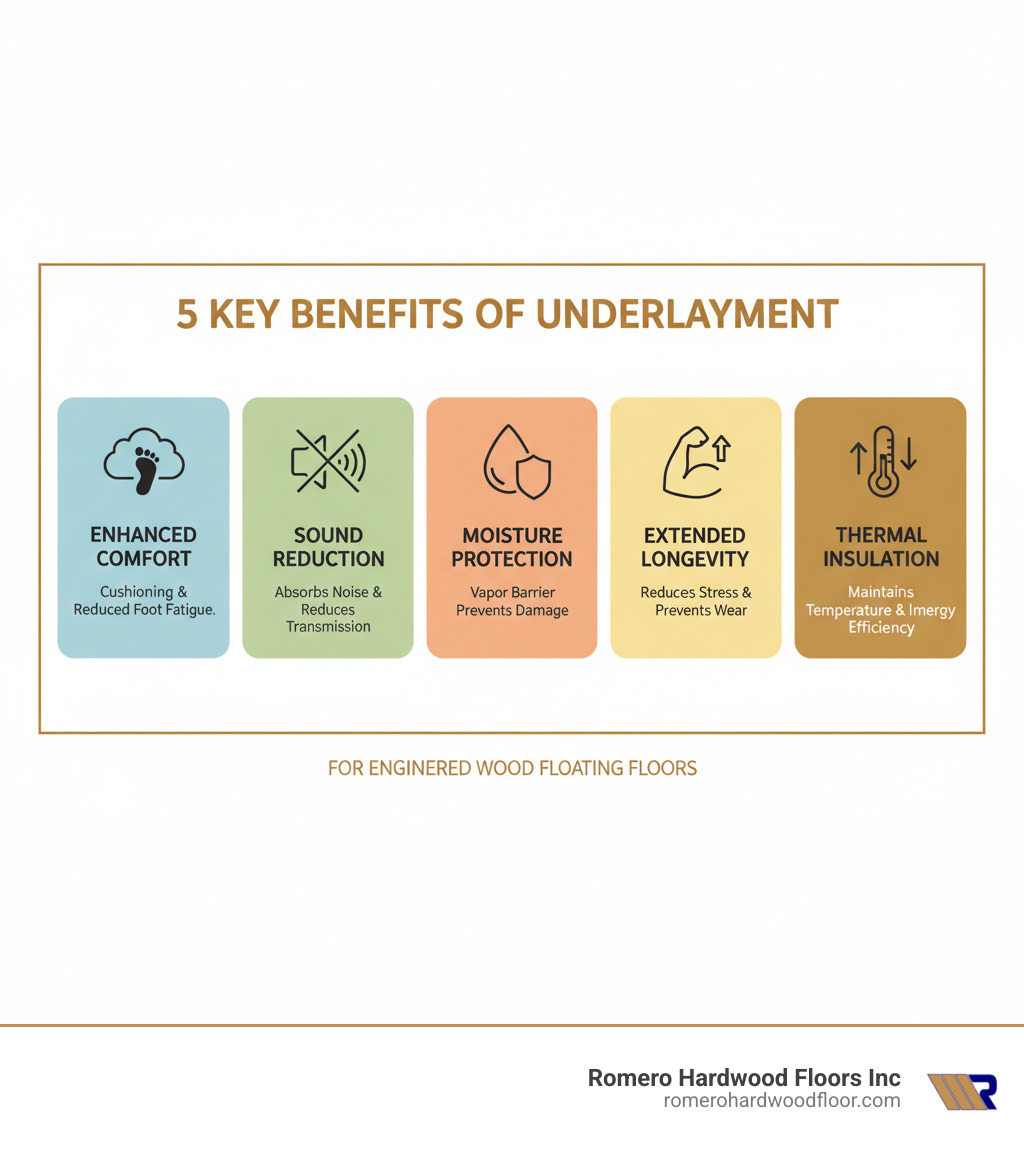 Infographic showing the 5 key benefits of underlayment: Enhanced Comfort (cushioning underfoot and reduced foot fatigue), Sound Reduction (absorbs impact noise and reduces transmission between floors), Moisture Protection (vapor barrier prevents subfloor moisture damage), Extended Longevity (reduces stress on joints and prevents premature wear), and Thermal Insulation (maintains indoor temperature and improves energy efficiency) - best underlayment for engineered wood floating floor infographic Infographic showing the 5 key benefits of underlayment: Enhanced Comfort (cushioning underfoot and reduced foot fatigue), Sound Reduction (absorbs impact noise and reduces transmission between floors), Moisture Protection (vapor barrier prevents subfloor moisture damage), Extended Longevity (reduces stress on joints and prevents premature wear), and Thermal Insulation (maintains indoor temperature and improves energy efficiency) - best underlayment for engineered wood floating floor infographic
