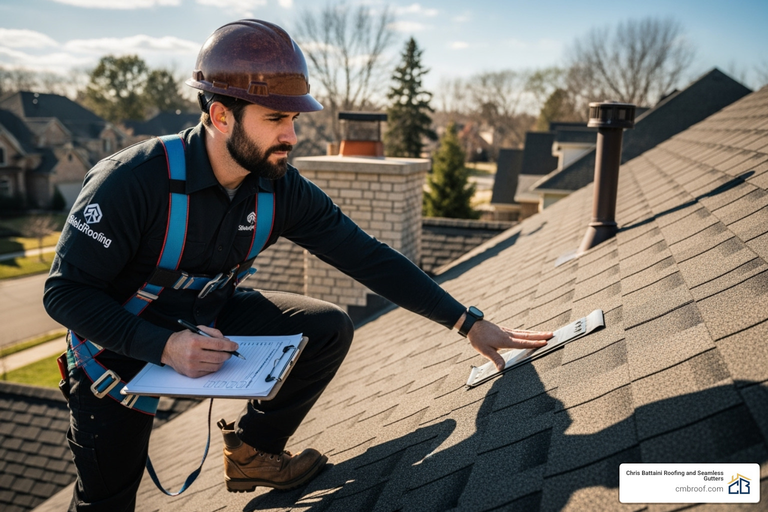 a roofing contractor carefully inspecting a roof with a clipboard - Best roofing contractors
